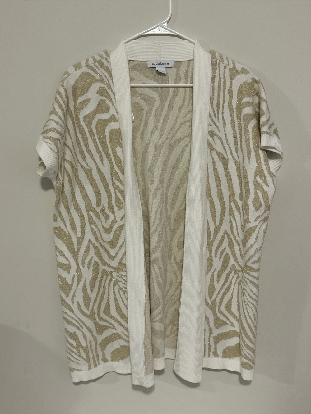 Liz Claiborne White & Tan Zebra-Print Open Front Cardigan